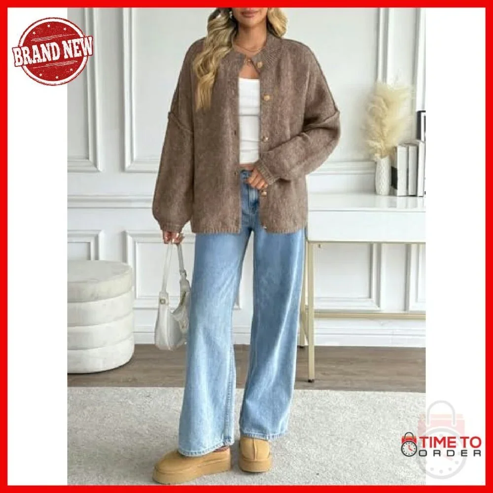 Oversized Chunky Knit Cardigan Lantern Sleeves Button Down Cozy